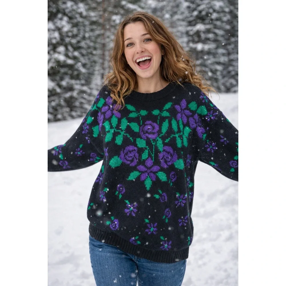 Vtg Black Purple Green Floral Knit Sweater 80s Vintage Women's Size M GFC‎ Inc
